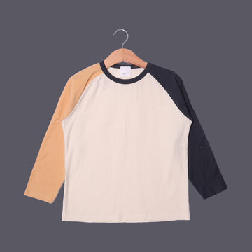 CREAM PLAIN BROWN & BLUE SLEEVES FULL SLEEVES T-SHIRT